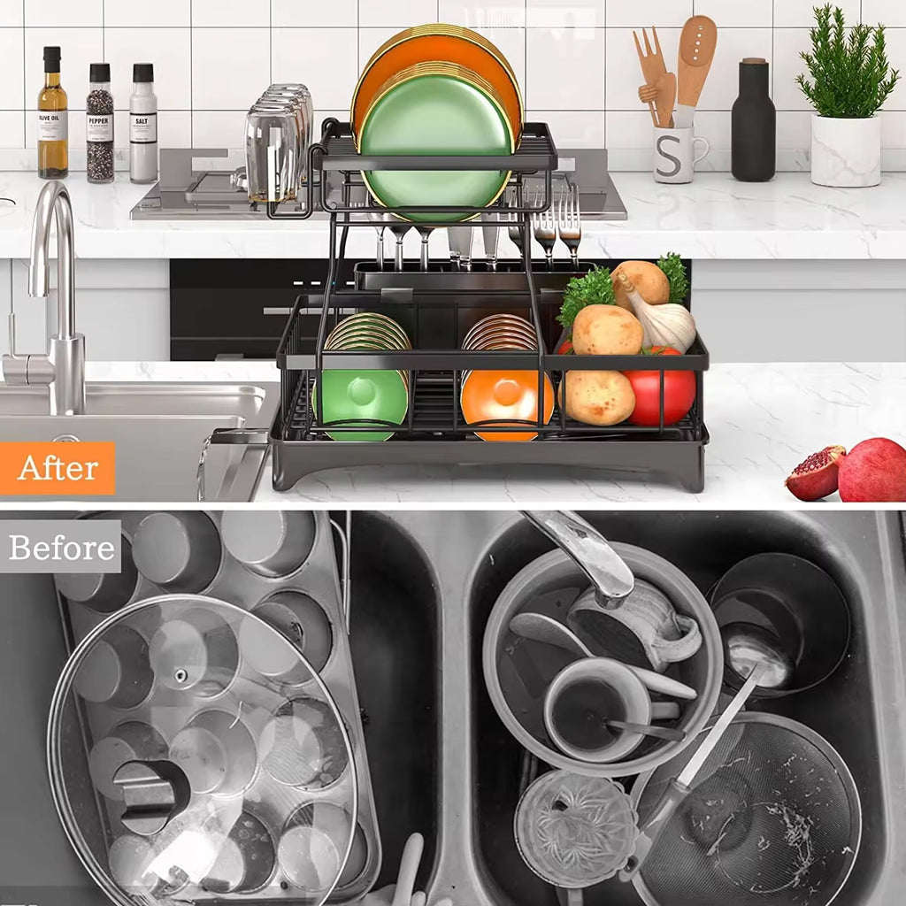 SAVRENZA™ Kệ Úp Chén 2 Tầng Có Khay Thoát Nước