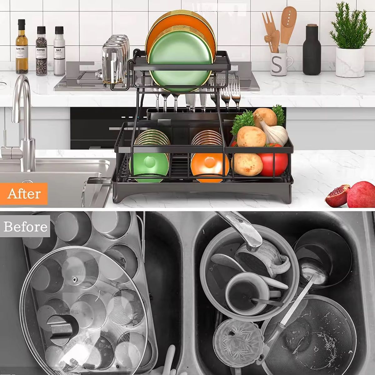 SAVRENZA™ Kệ Úp Chén 2 Tầng Có Khay Thoát Nước